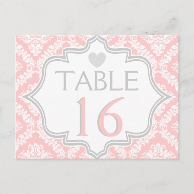 Numéro de table mariage damassé rose, blanc, gris (Devant)