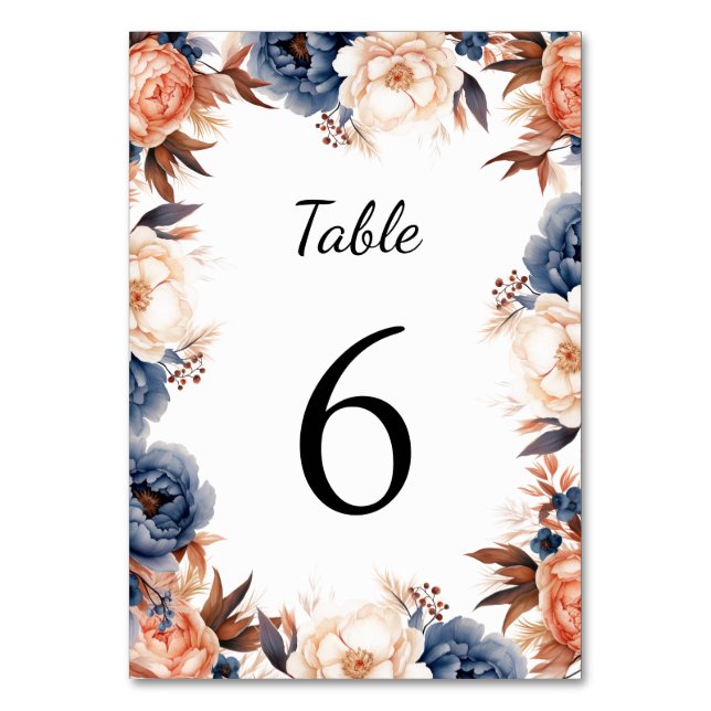 Numéro De Table Mariage d'aquarelle fleurie bleu et terre cuite (Par défaut)