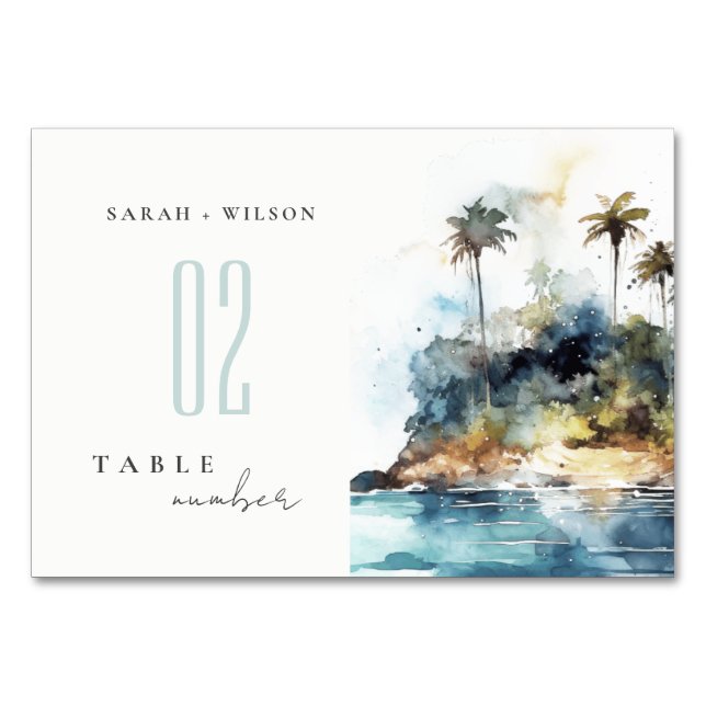 Numéro De Table Mariage d'aquarelle Seascape Palm Tree Island (Devant)