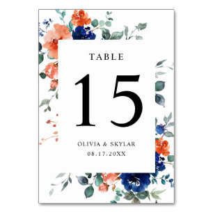 Numéro De Table Mariage de automne de la marine Burnt Orange Flora