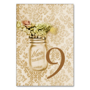 Numéro De Table Mariage de bocal de masques à fleurs damassé au ch