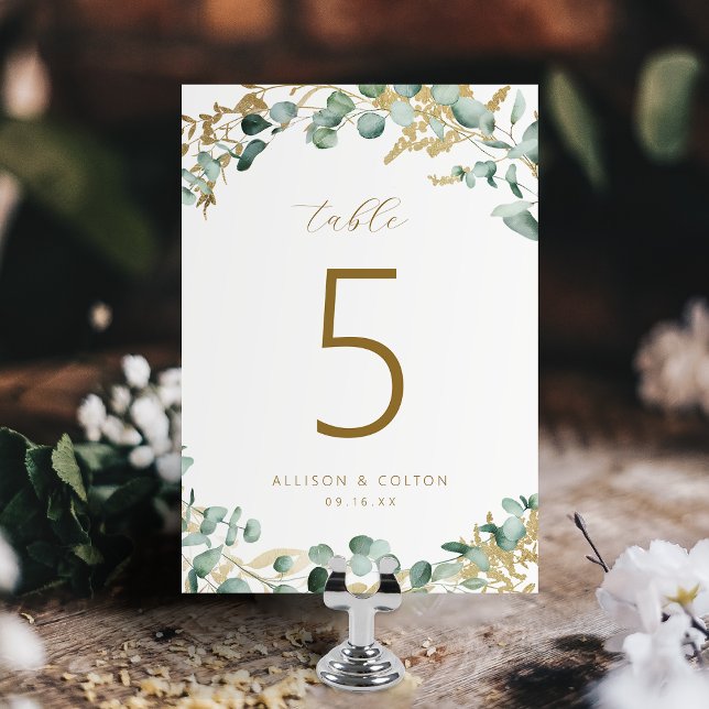 Numéro De Table Mariage de boho d'or de l'eucalyptus rustique (Rustic eucalyptus gold greenery boho wedding table number)