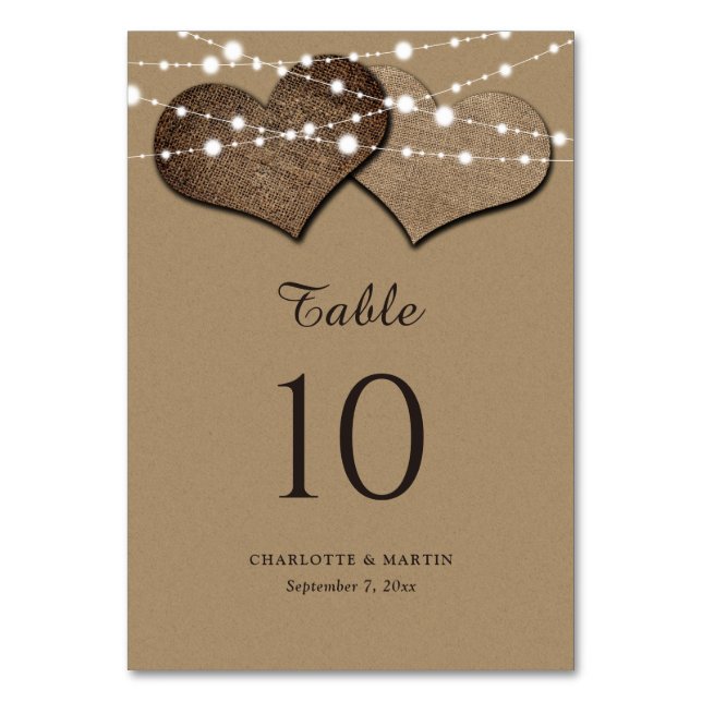 Numéro De Table Mariage de coeur de Burlap Papier Kraft (Par défaut)