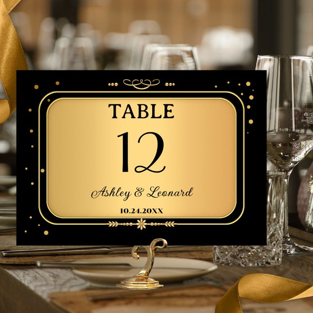 Numéro De Table Mariage de Confetti Black Gold (Elegant wedding table number card in gold and black with festive confetti sparkles.)