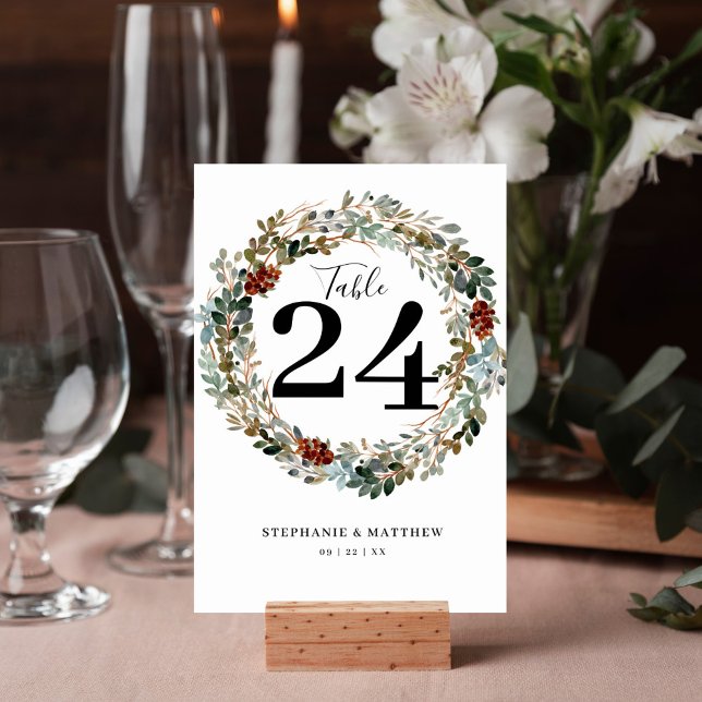 Numéro De Table Mariage de couronnes d'aquarelle botanique moderne (Winter watercolor wreath boho design table number card is perfect for your wedding reception.)