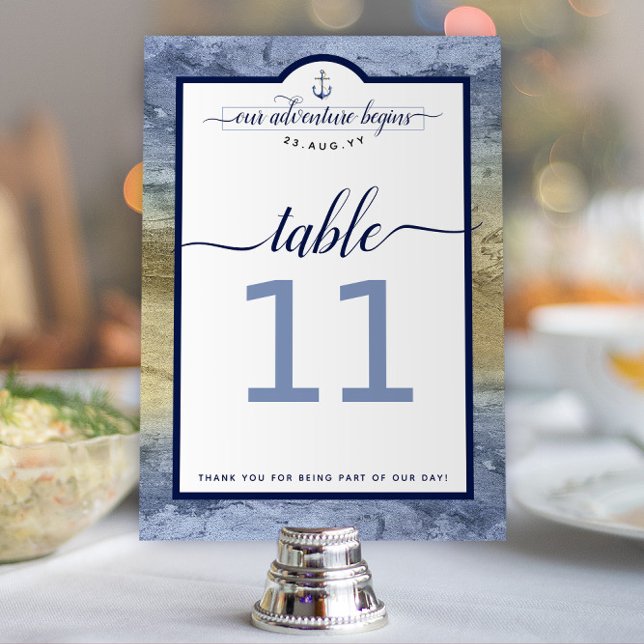 Numéro De Table Mariage de la Marine Naútica Bleu et Or (Steel Blue and Gold Nautical Wedding "Our Adventure Begins" Wedding Table Numbers)