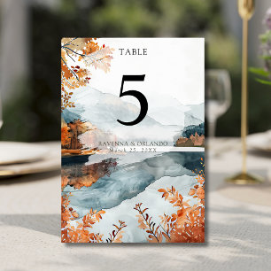 Numéro De Table Mariage de Montagne Rustique d'Automne au Lac