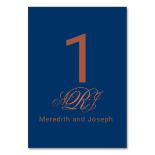 Numéro De Table Mariage de script élégant en cuivre bleu