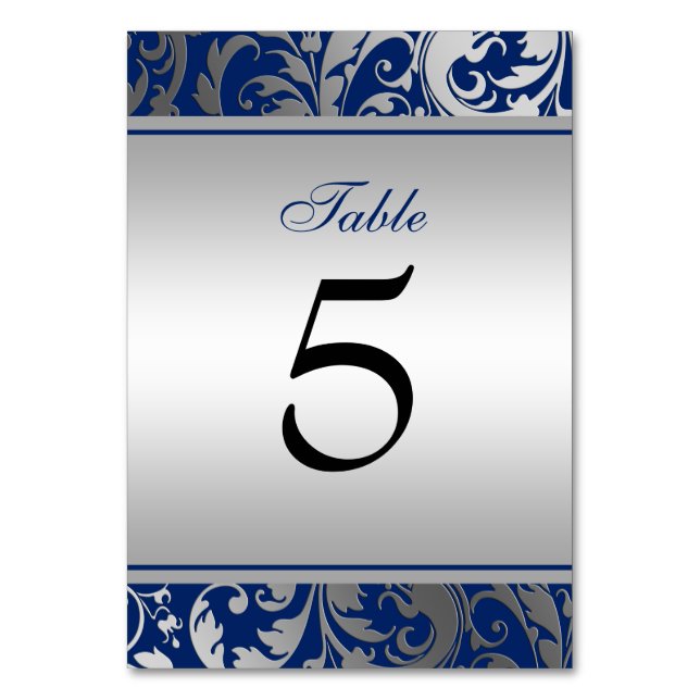 Numéro De Table Mariage de tourbillons bleu marine et argent Damas (Par défaut)
