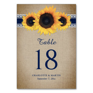 Numéro De Table Mariage de tournesol Vintage Burlap bleu marine