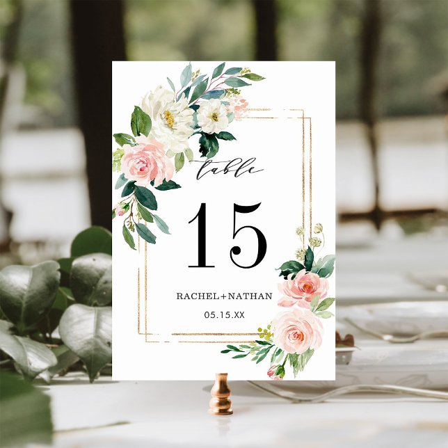 Numéro De Table Mariage de trame or en fleurs blanches (Créateur téléchargé)