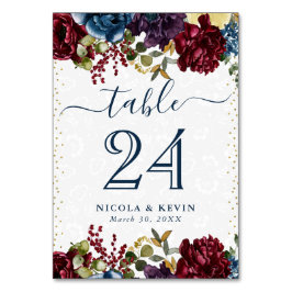 Numéro De Table Mariage des fleurs d'hiver rouge et marine