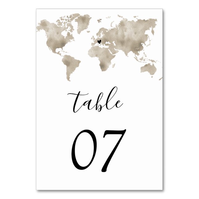 Numéro De Table Mariage Destination World Map Gold Removable Heart (Dos)