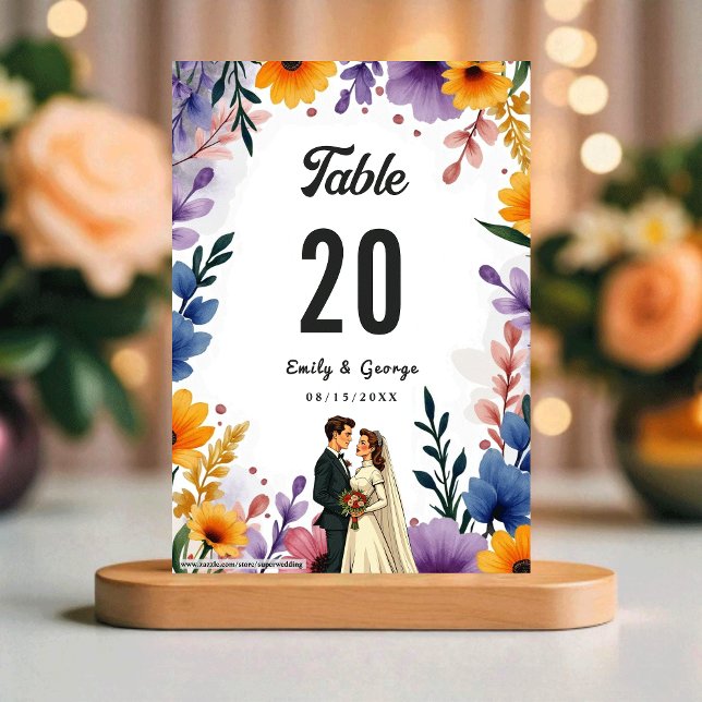Numéro De Table Mariage d'été de couple de jardin floral à l'aquar (Créateur téléchargé)
