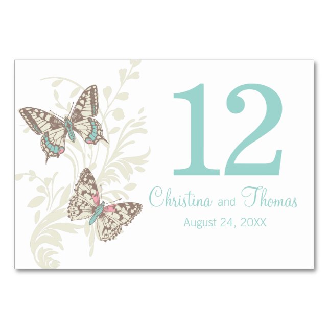 Numéro De Table Mariage deux papillons graphiques nom date turquoi (Devant)