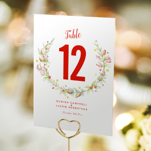Numéro De Table Mariage d'hiver cônes de pin aquarelle baies