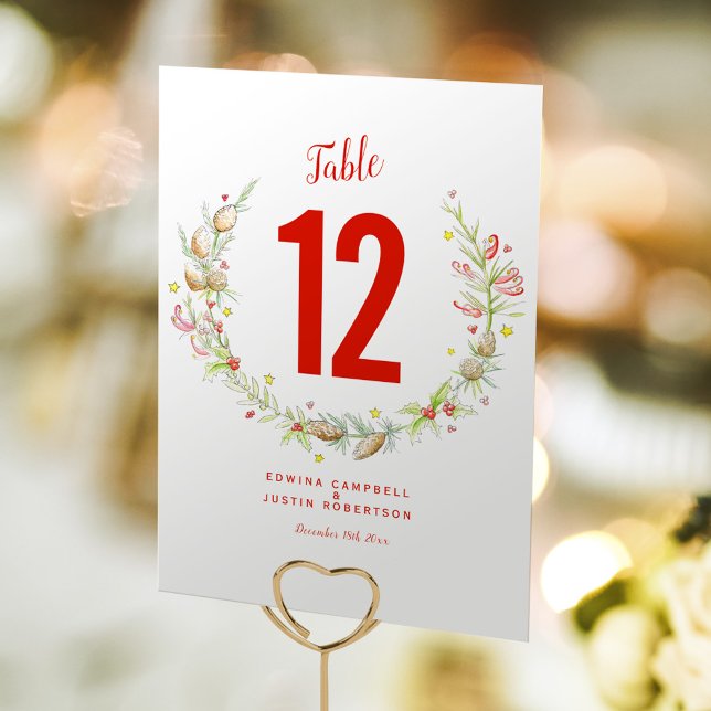 Numéro De Table Mariage d'hiver cônes de pin aquarelle baies (Créateur téléchargé)