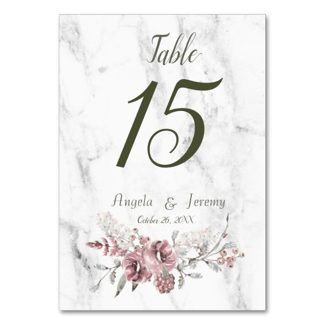 Numéro De Table Mariage élégant à l'aquarelle avec fleurs de marbr (Dos)