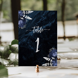 Numéro De Table Mariage Élégant Bleu Nuit Argent Floral