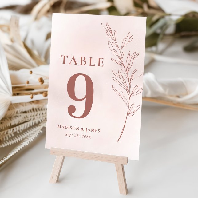 Numéro De Table Mariage Élégant Boho Pink à feuilles minimes (Créateur téléchargé)
