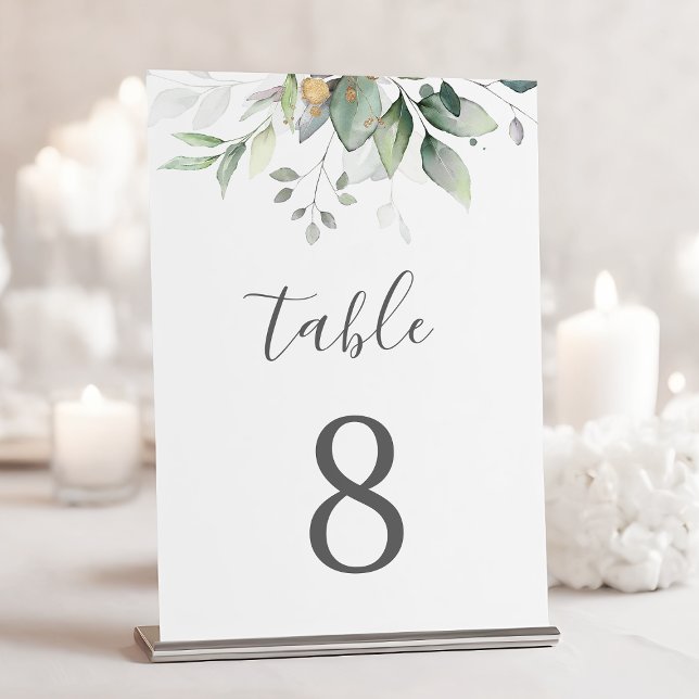 Numéro De Table Mariage élégant feuilles d'eucalyptus verdure or (Créateur téléchargé)