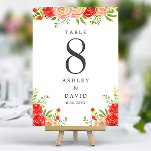 Numéro De Table Mariage Élégant Floral Rose et Rouge