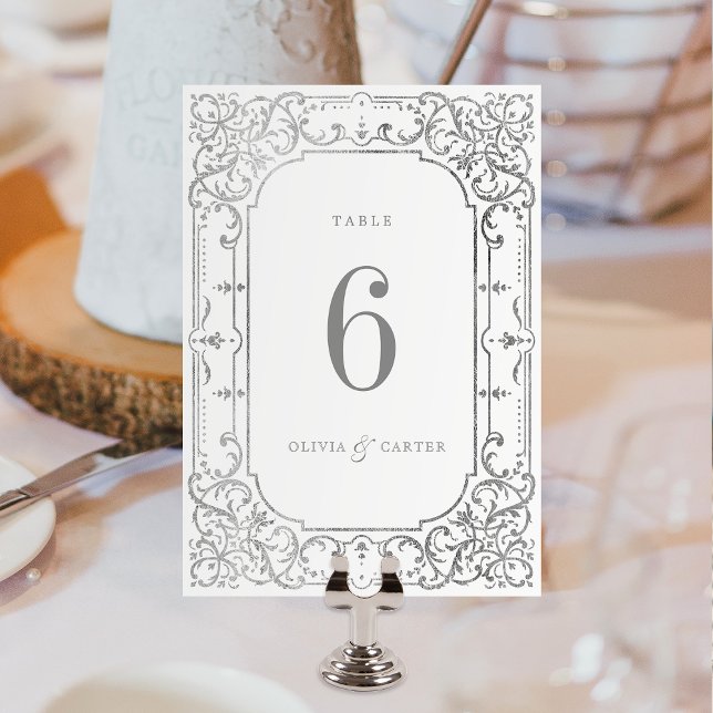 Numéro De Table Mariage élégant romantique orné d'argent (Silver elegant romantic ornate vintage wedding table number card)