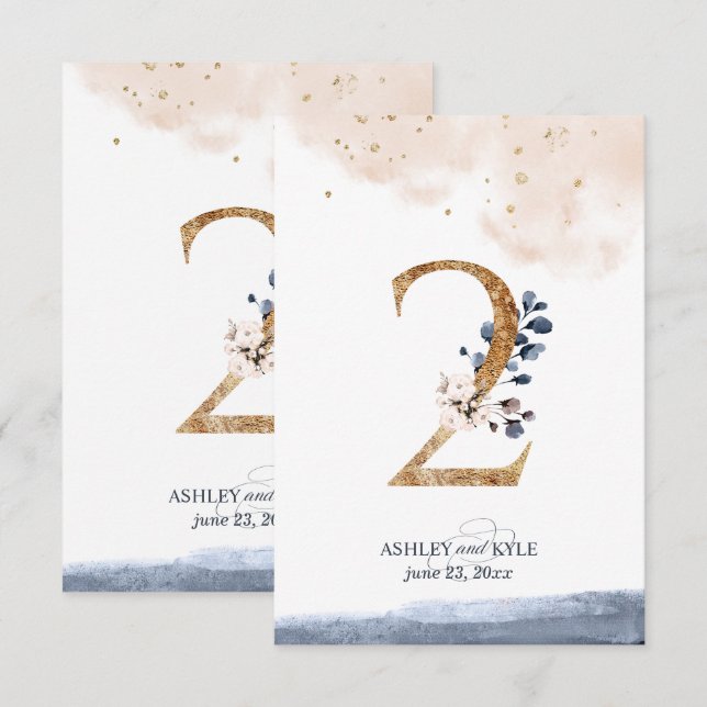 Numéro de table mariage en marine, en bleu et en o (Devant / Derrière)