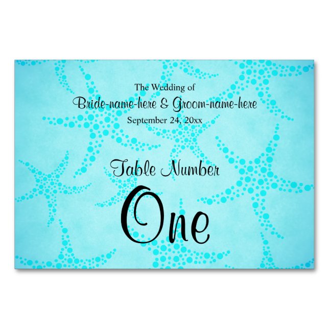 Numéro De Table Mariage étoile de mer Aqua et Turquoise. (Devant)