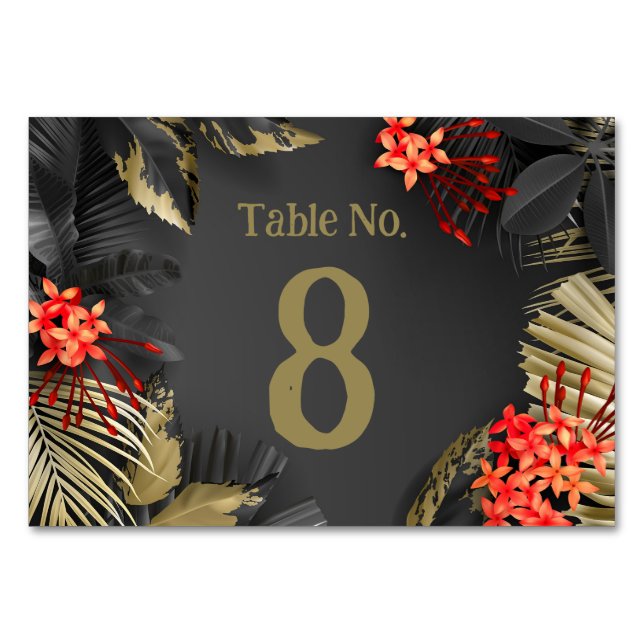 Numéro De Table Mariage feuille tropical noir et or (Devant)