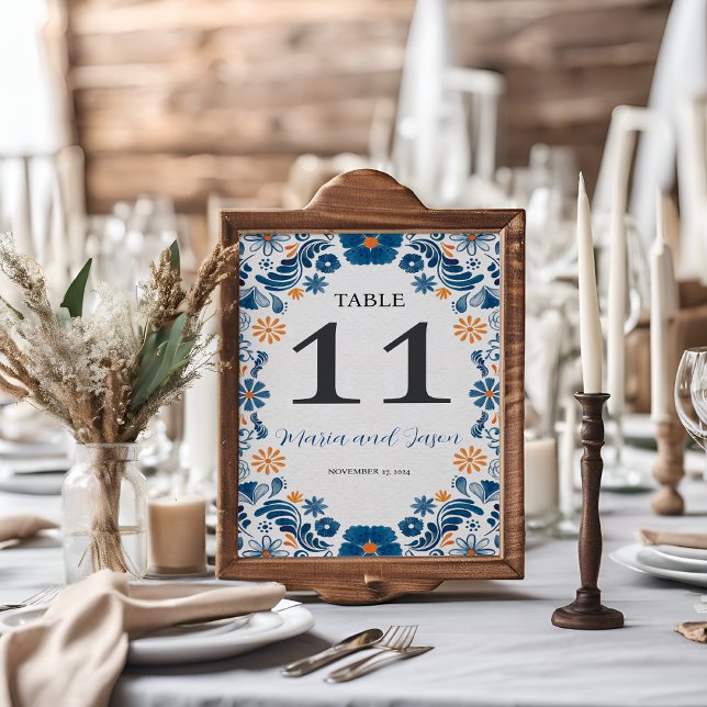 Numéro De Table Mariage Fiesta mexicain bleu orange floral élégant (Mexican Blue Orange Floral Elegant Fiesta Wedding Table Number)