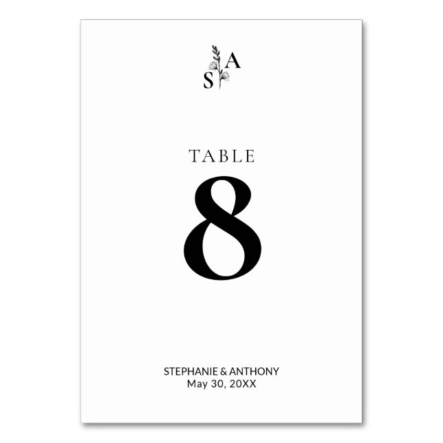 Numéro De Table Mariage Fleur sauvage minimaliste BW Monogram (Par défaut)