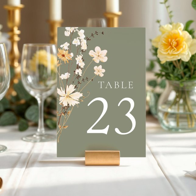 Numéro De Table Mariage Fleur sauvage Sage Green (Sage Green Elegant Wildflower Table Number)