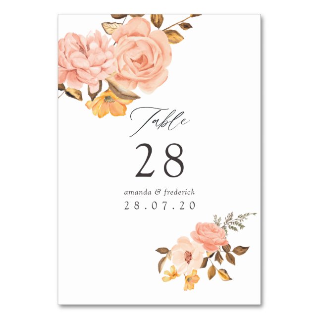 Numéro De Table Mariage Fleurie Rose Pâle et Or à l'Aquarelle (Par défaut)