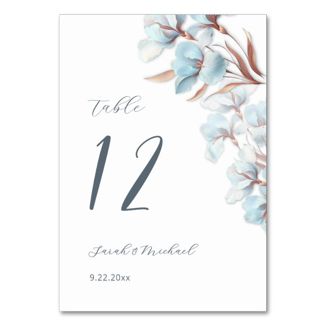 Numéro De Table Mariage Fleurs Superposées Bleues (Dos)