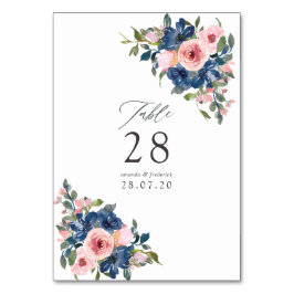 Numéro De Table Mariage floral aquarelle bleu marine et rose