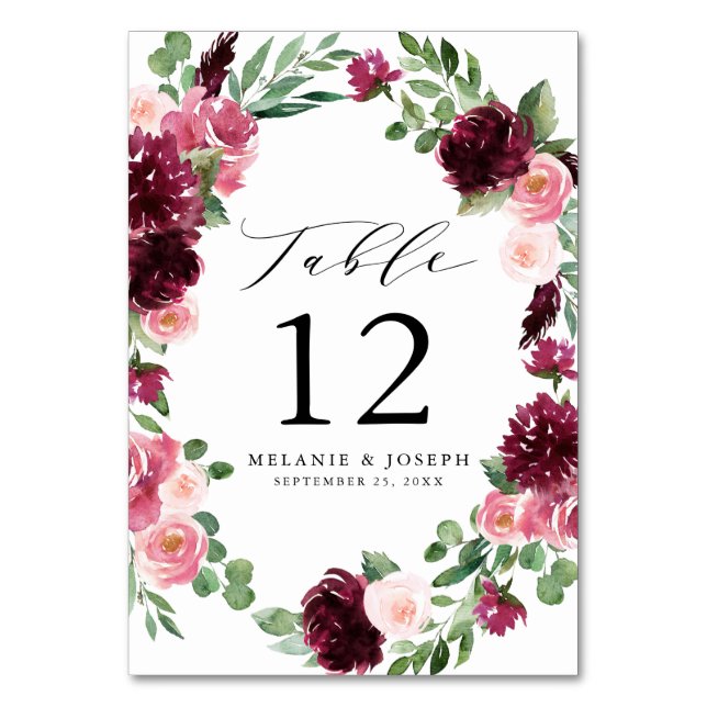 Numéro De Table Mariage Floral Aquarelle Bohème Bourgogne & Rose (Par défaut)