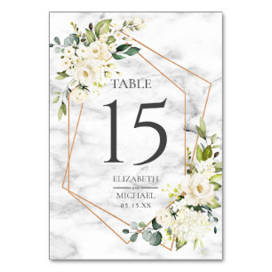 Numéro De Table Mariage floral blanc blanc en marbre géométrique c