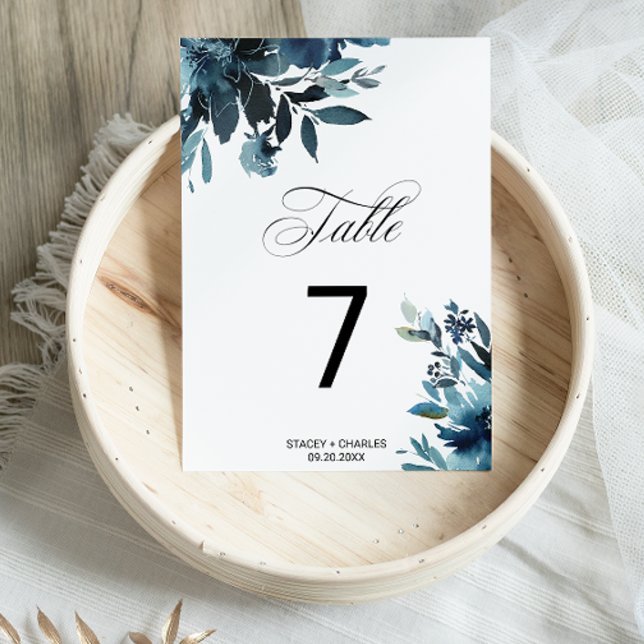 Numéro De Table Mariage floral bleu de la marine céleste (Créateur téléchargé)