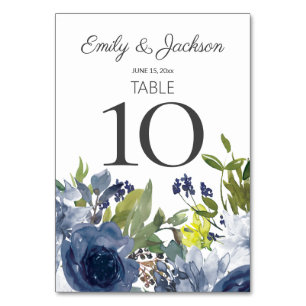Numéro De Table Mariage floral bleu marine blanc jaune