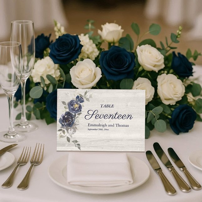 Numéro De Table Mariage floral bleu marine gris argent (Créateur téléchargé)