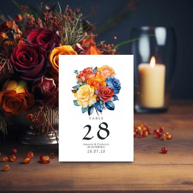 Numéro De Table Mariage floral bleu, orange, jaune et rouge (Créateur téléchargé)