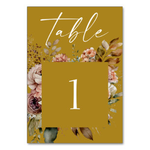 Numéro De Table Mariage Floral Brun Moutarde Élégant Bohème Auto