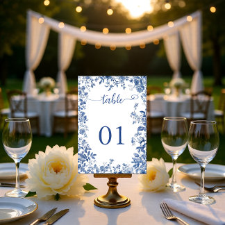Numéro De Table Mariage Floral Classique Toile Bleu Poussiéreux