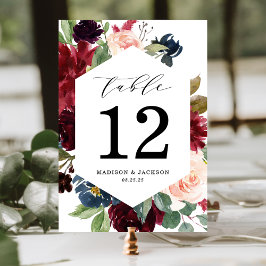 Numéro De Table Mariage Floral Élégant Rose Pâle, Bourgogne et Nav