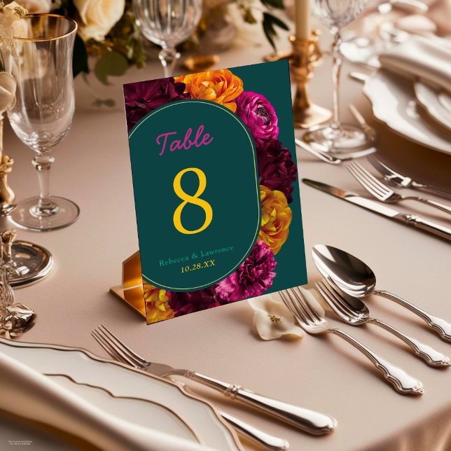 Numéro De Table Mariage floral jaune moderne rose chaud (Créateur téléchargé)