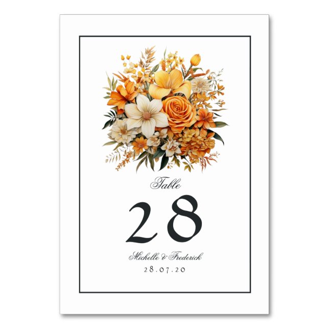 Numéro De Table Mariage floral jaune, orange et ivoire (Par défaut)