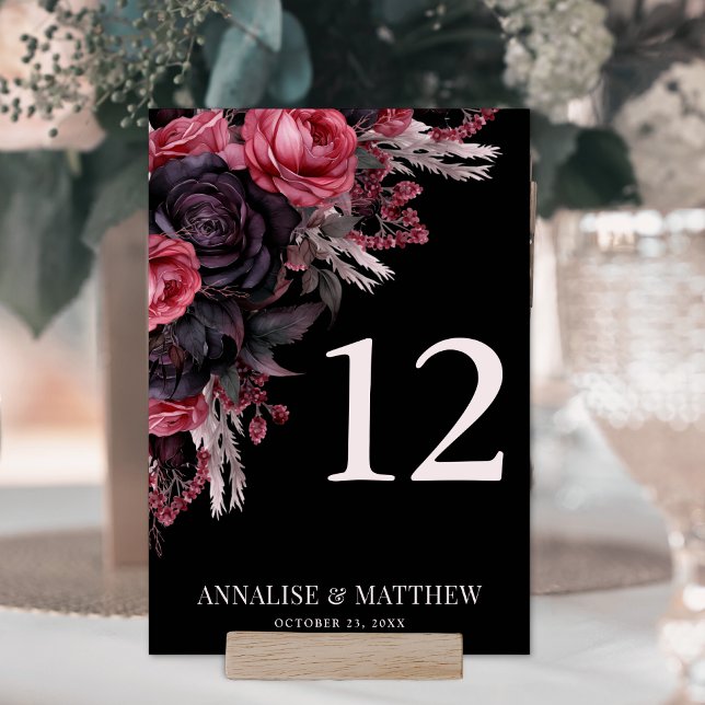 Numéro De Table Mariage floral noir gothique (Gothic Black Floral Wedding Table Number)