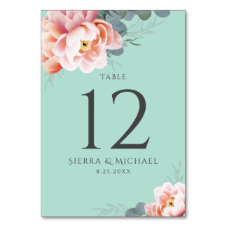 Numéro De Table Mariage floral rose pâle vert de la menthe moderne