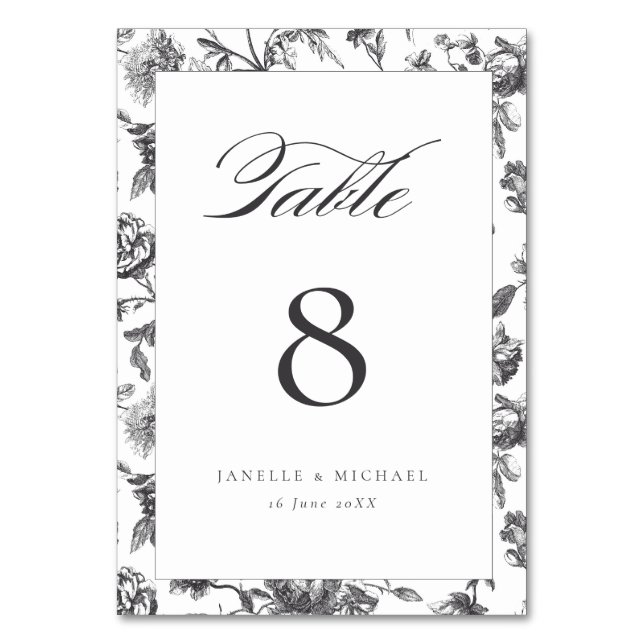 Numéro De Table Mariage Floral Toile Noir et Blanc Antique  (Par défaut)